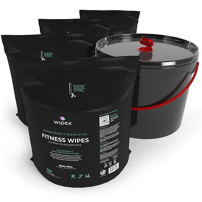 Wipex Plant Based Gym Wipes Dispenser Refill - 700 Count Fitness Equipment Wipes (Large 8x12) Lemongrass + Bucket, (Pack of 4 + Bucket)