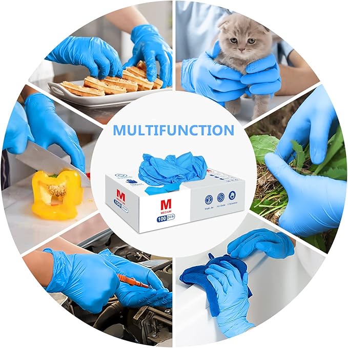 squish Disposable Gloves, Blue 4 mil Vinyl Synmax Blend Exam Gloves Non Sterile, Powder Free, Latex Free - Cleaning Supplies, Kitchen and Food Safe(Pack of 100) (Blue Medium)