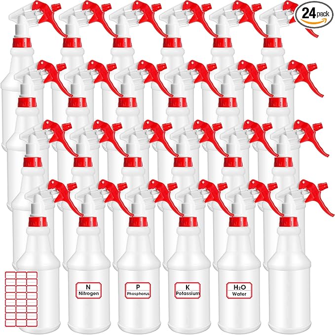 Gerrii 24 Pcs 24oz Plastic Spray Bottle Bulk, Empty Refillable Squirt Bottles for Cleaning Solution, Leak Proof Water Spray Bottle with Adjustable Nozzle and Stickers Commercial Supplies(Red)