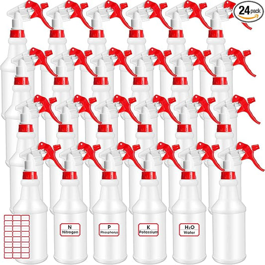 Gerrii 24 Pcs 24oz Plastic Spray Bottle Bulk, Empty Refillable Squirt Bottles for Cleaning Solution, Leak Proof Water Spray Bottle with Adjustable Nozzle and Stickers Commercial Supplies(Red)