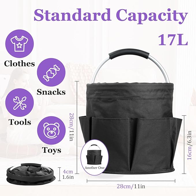 2Pcs Collapsible Cleaning Caddy with Handle, 17L Foldable Cleaning Supply Caddy, Bucket Tool Organizer in 600D Oxford Fabric, Multifunctional Storage Basket for Cleaning, Traveling, Black