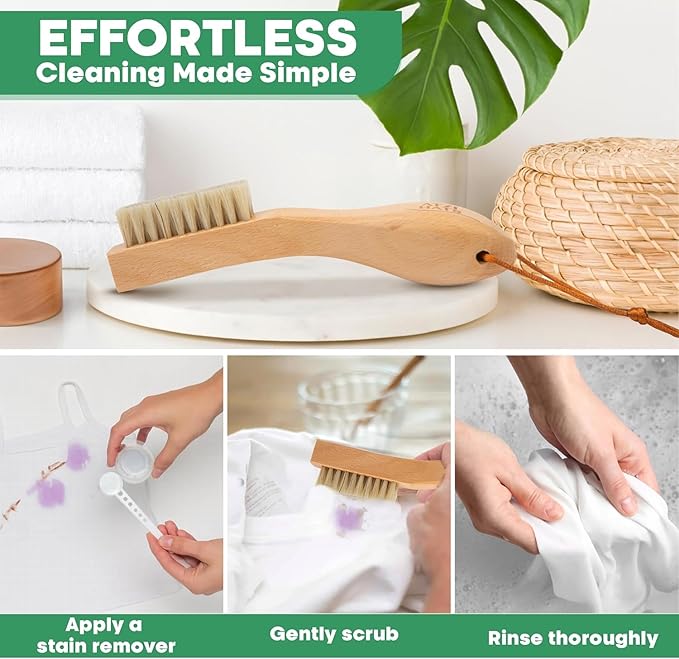 Laundry Stain Remover Clothes Brush Set of 2 Natural Soft Boar Bristle White & Black for Scrubbing Out Tough Stains on Delicate Fabrics, Knits, Cotton, Linens, Small Brush