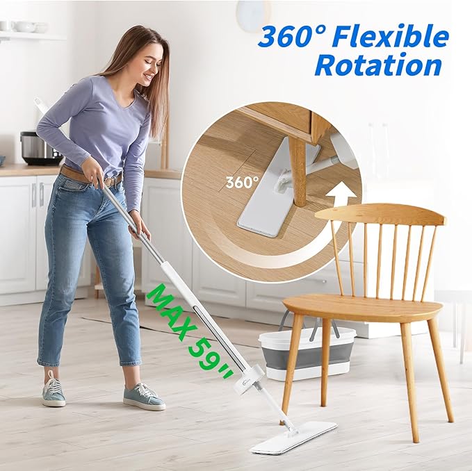 Oshang Flat Mop and Collapsible Bucket OG7 with Wheels, 2 Washable Reusable Microfiber Pads, Pure White