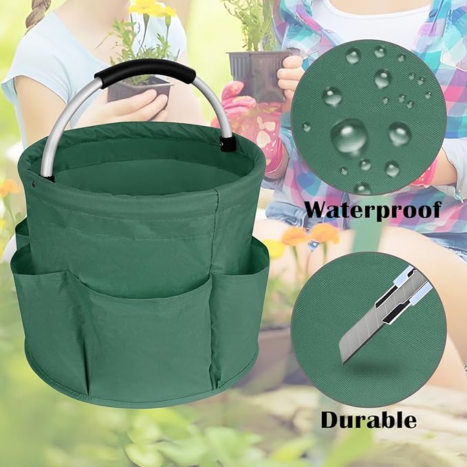 17L Cleaning Caddy with Handle, Garden Tool Organizers Bag, Cleaning Bucket Organiser, Foldable Gardening Bags Multi Pocket, Green
