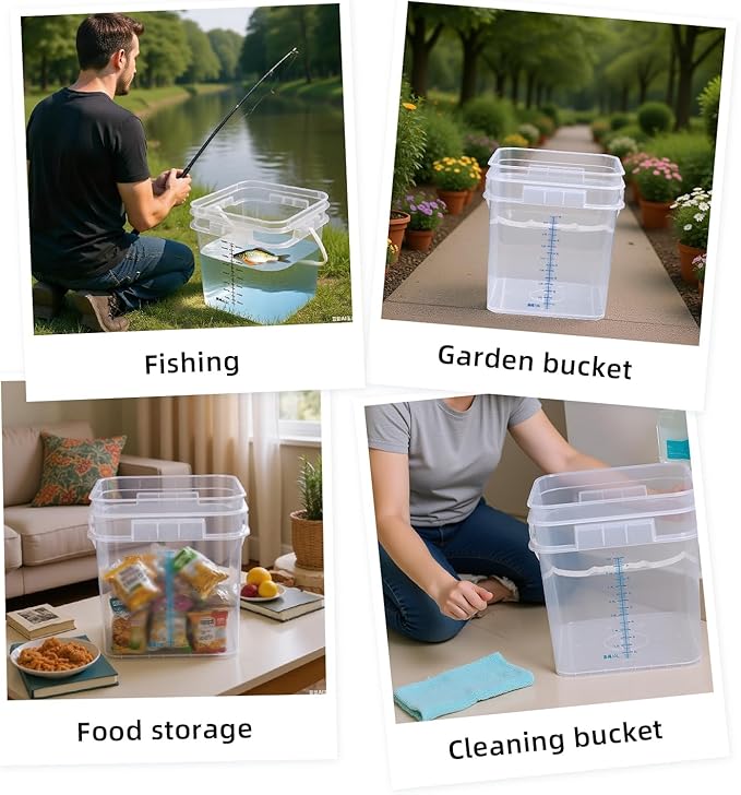 ASEVAT 4Pack Clear Bucket Graduated Pail Container with Lid, Square Food Grade Buckets, Cleaning Containers Plastic Pails Extra Durable Handles with Grip for Easy Carrying
