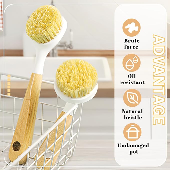 Dish Brush with Handle, Long and Short Handle Kitchen Scrub Brushes with Tough Bristles, Natural Dish Scrubber Brush for Dishes, Pans, Pots and Kitchen Sink Cleaning, 2 Pack White