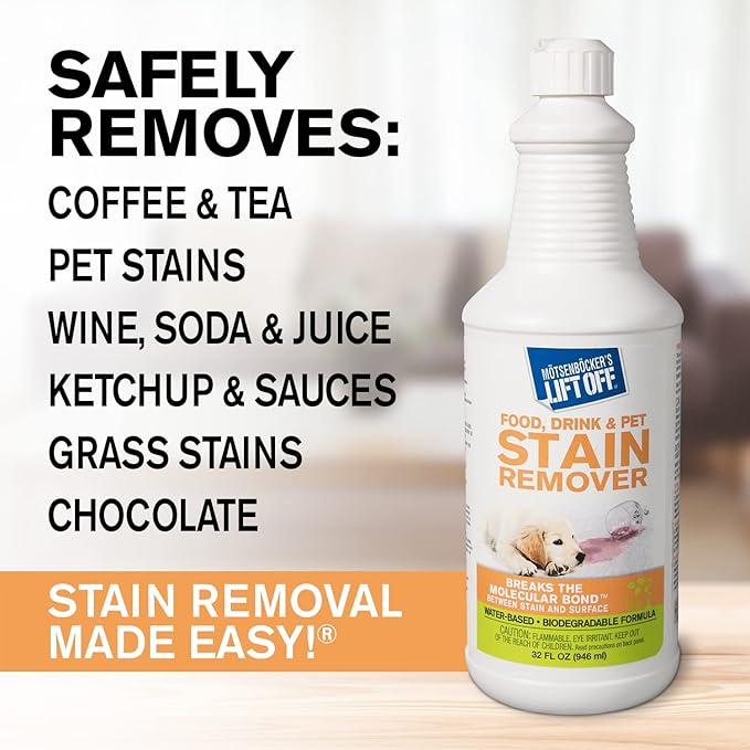 Motsenbocker's Lift Off 40503 Food, Drink, and Pet Stain Remover Eliminates Tough Stains from Multiple Surfaces, Excellent as a Pre-Wash Laundry Treatment, Water-Based, 32 Fl Oz, Pack of 1
