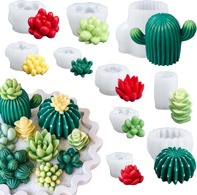 Succulent Wax Molds for Candle Making 10 Pack 3D Cacti Silicone Candle Mold Handmade Cactus Flower Plant Decorate Cement Resin Casting Soap Ornament Craft Mold Chocolate Cake Fondant Moulds Home Decor