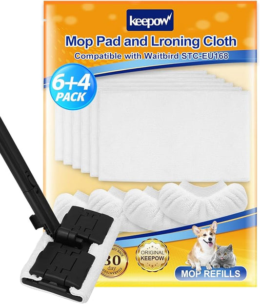 KEEPOW Reusable Microfiber Mop Pads Compatible with Waitbird STC-EU168, Microfiber Cleaning Replacement Pads 6 Pack & 4 Pack Ironing Cloths, for Multi-Surface Floor Cleaning, (Mop is Not Included)