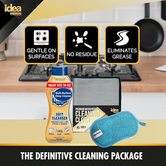 Idea Home ULTIMATE CLEANING KIT | Soft Cleanser 26 oz + Cleanser & Polish Powder 21 oz + Microfiber Cleaning Cloth + Multi-Purpose Non-Scratch Microfiber Sponge