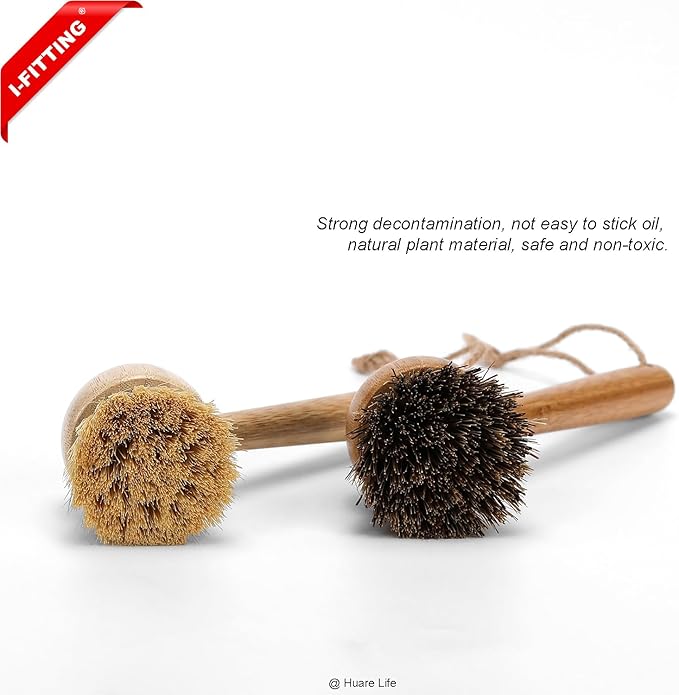 Bamboo Dish Scrubber, Dish Brushes with Bamboo Handle, Wooden Cleaning Scrubbers Stiff Bristles for Washing Kitchen Cast Iron Pan Pot, Kitchen Cleaning Set