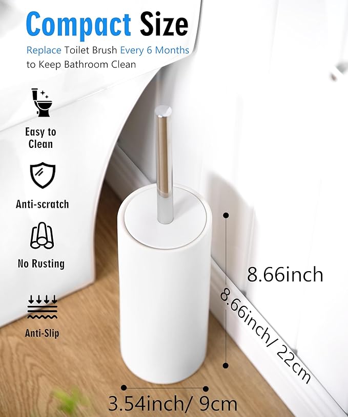 Matt White Ceramic Toilet Brush and Holder Set, Durable Bristles Non Scratch Toilet, Long Stainless Steel Handle, Freestanding Toilet Bowl Cleaners Brush, Scrubber Brush for Toilet