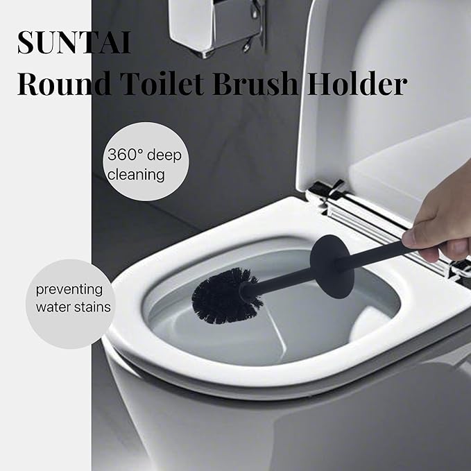 Toilet Brush and Holder,304 Stainless Steel Toilet Brush with Long Brush Handle,Toilet Bowl Brush for Bathroom Cleaning,2 Bristle Heads, Black