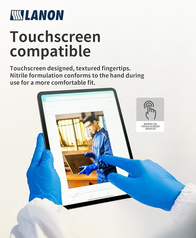 LANON Disposable Nitrile Gloves, Silicone-Free, Food-Safe, Chemical Resistant, Powder-Free, Textured Fingertips, Cooking, Cleaning, Blue, Large