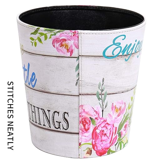 PU Leather Small Trash Can Wastebasket, Round Garbage Container Basket for Bathrooms, Laundry Room, Kitchens, Offices, Kids Rooms, Bedrooms,Dorms,Home Decorative Art Bin, 2.9 Gallon(Floral)