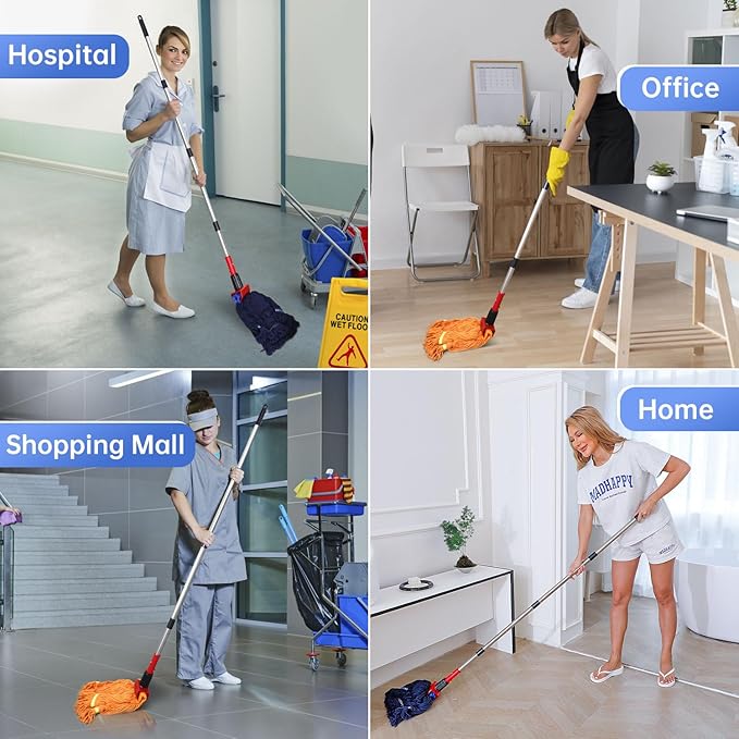 Heavy Duty Commercial Mop with 77inch Long Handle, Looped-End String Wet Mop with 12 Mop Heads for Home, Garage, Office Floor Cleaning (Blue-Orange)