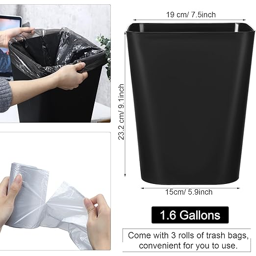 Eccliy 6 Pack Plastic Trash Can with 3 Rolls of Trash Bags Small Wastebasket Garbage Bin Container for Bathroom, Bedroom, Home Office, Living Room, Kitchen (Black)