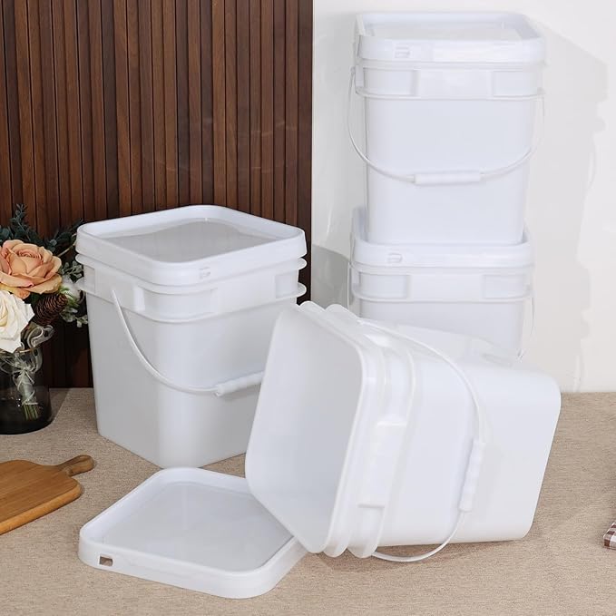 Gloreen 4-Pack 2.9 Gallon Square Plastic Bucket with Sealed Lid, Small Food Bucket Pail with Lid and Handle, White