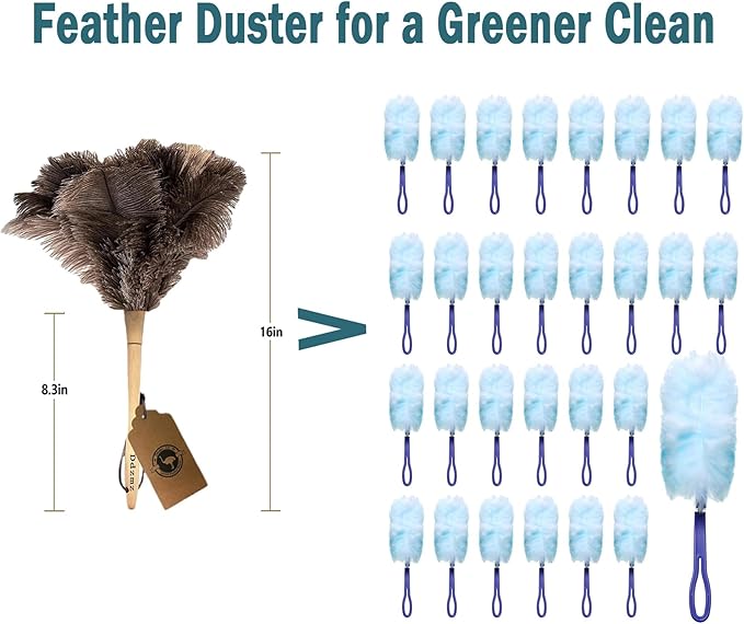 Feather Duster, Feather Dusters for Cleaning Ddzmz Fluffy Natural Genuine Ostrich Feathers with Wooden Handle Reusable Handheld Ostrich Feather Duster Cleaning Supplies, Gray and Brown(Length 16")