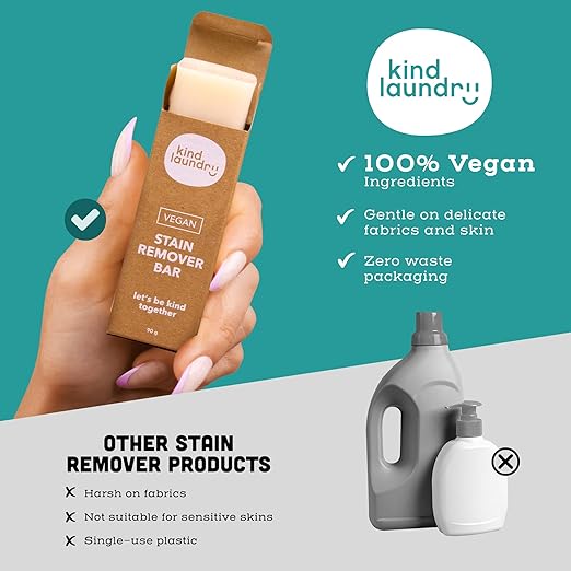 Kind Laundry - Vegan Stain Remover Bar, Travel Natural Stain Remover for Clothes, Gluten-and-Cruelty-Free Laundry Stain Remover, Unscented Baby Stain Remover for Laundry, 90 grams