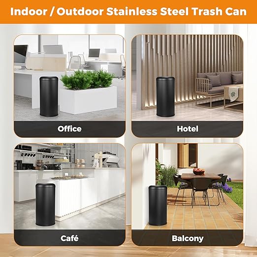 BEAMNOVA Commercial Trash Can 16.5 Gal Open Top Black Outdoor Indoor Garbage Enclosure Inner with Lid Inside Bucket 15 * 30.7 inch Stainless Steel Industrial Waste Container