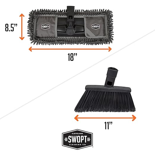 SWOPT Indoor Kit — Includes 18” Dust Mop, Cotton Mop, Angle Broom, 48” and 60” Steel Handles, and Organizer — Cleaning Heads with Long Handle Interchangeable with All SWOPT Cleaning Products