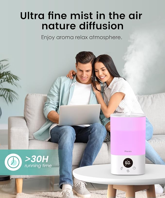 Smart Humidifiers for Bedroom Large Room, 3.5L Top Fill Cool Mist Air Humidifiers for Home Baby Plants Nursery, Humidity Control & Night Light, White
