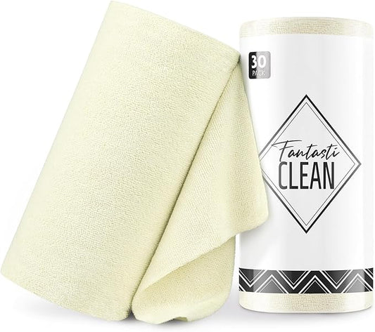 Fantasticlean Microfiber Cleaning Cloth Roll -30 Pack, Tear Away Microfiber Towels, 12" x 12", Reusable, Washable, Scratch Free, Ultra Absorbent Dishcloth for Car, Home Supplies, Pet, Kitchen (Beige)