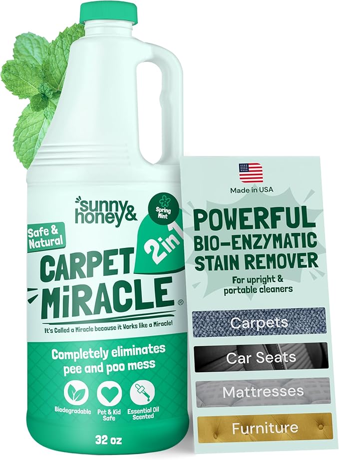 Sunny & Honey Carpet Shampoo & Cleaning Solution - 32 Fl Oz Spring Mint Scent - Pet Carpet Cleaner Machine Solution - Rug & Upholstery Cleaner - Stain Remover & Odor Deodorizer