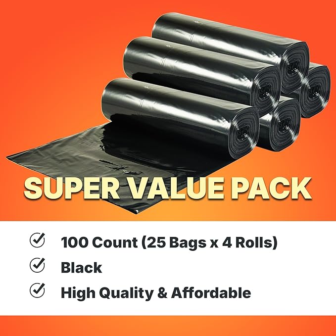 33 Gallon Trash Bags, 30 Micron Heavy Duty Pure LDPE Garbage Can Liners, 33" x 39" Large, Black, 100 Count