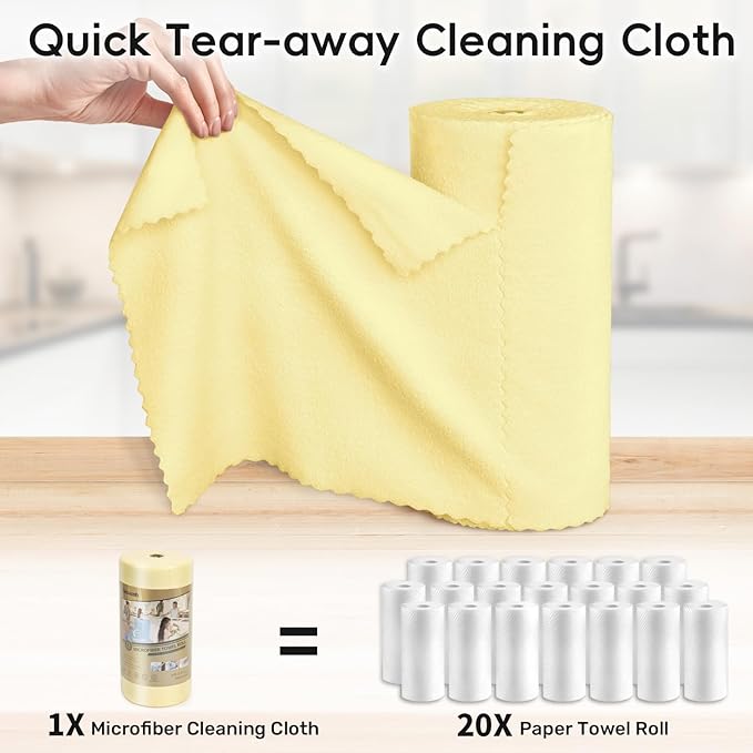Microfiber Cleaning Cloths Roll, 75 Pack Tear Away Microfiber Towels Roll, 12" x 12" Lint Free Rags, Reusable Cleaning Cloths, Washable, Scratch Free,Ultra Absorbent Dish Rags(Yellow)