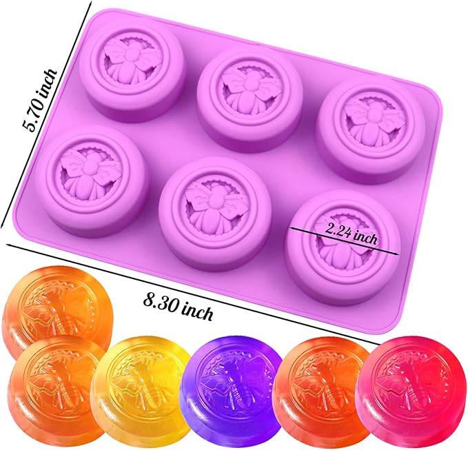 2 Pack Silicone Soap Molds, 3D 6-Cavity Round Bee Silicone Molds Homemade Soaps, Lotion Bar, Jello, Bath Bomb, Beeswax, Resin, Candle, Chocolate and Dessert (Purple)