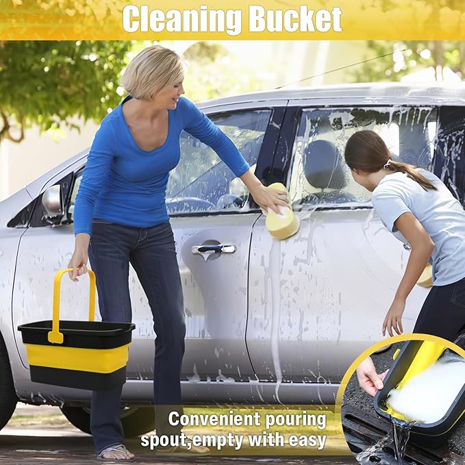 Collapsible Mop Bucket for Cleaning with Handle, Silicone Square Wash Bucket for Windows Cleaning Car Washing,Cleaning Supplies Organizer Plastic Water Bucket for Storage Household use, 3-Gallon
