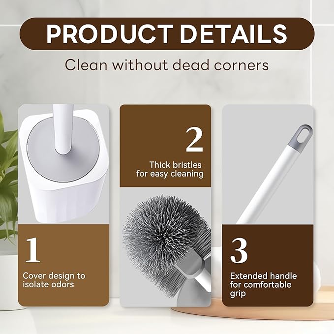 2 Pack Toilet Brush & Holder Set, Lightweight Plastic Handle, Space Saving for Storage, Deep Cleaning, Drip-Proof, Easy to Assemble, Nylon Bristles (2, White)