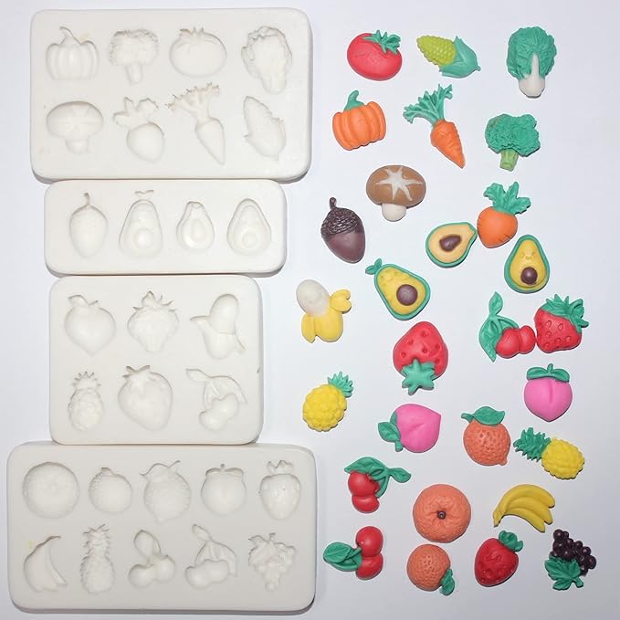 Lovely Small Items Silicone Fondant Molds Set For Cake Topper, Gumpaste, Candy & Chocolate, Polymer Clay and More (Vegetables & Fruits)