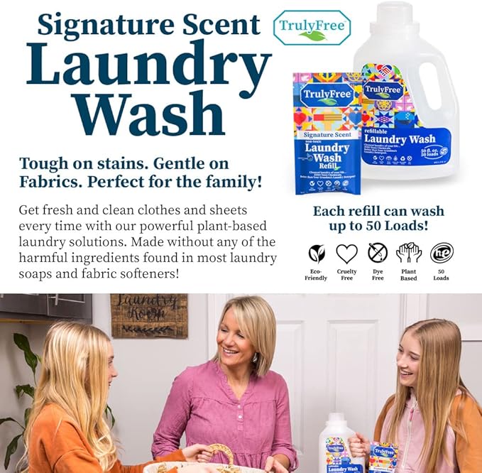 Truly Free Natural Laundry Detergent for Sensitive Skin | Eco Friendly, Plant Based, Baby Clothes Safe | Clean & Easy Powder to Liquid, 6 Pack Refill Detergent, NO Jug | Signature Scent, 300 Loads
