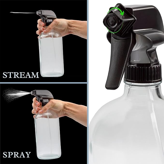 Cornucopia 32oz Glass Spray Bottles (2-Pack, Clear); Quart Bottles w/ 3-Setting Adjustable Trigger Sprayers; Includes Chalk Labels