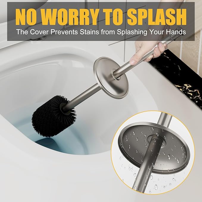 BESy Toilet Brush and Holder, Toilet Cleaner Bowl Set with Two Brush with Extra Long Handle, Durable Bristles Toilet Scrubber and Covered Holder, Drip-Proof Stainless Steel Brushed Nickel