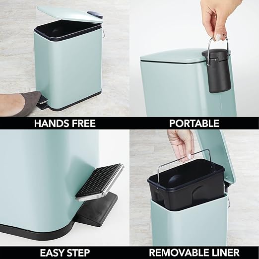 mDesign Slim Metal Rectangle 1.3 Gallon/5 Liter Trash Can with Step Pedal, Easy-Close Lid, Removable Liner - Narrow Wastebasket Garbage Container Bin for Bathroom, Bedroom, Kitchen - Matte Mint Green