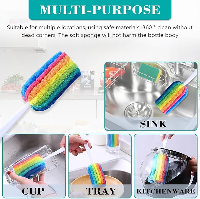 Bottle Brush Cleaner 8PCS Sponge Cleaning Brushes Long Handle Scouring Pad Scrub Brushes for Kitchen Clean Baby Bottle Glasses Mugs Cups (8PCS)