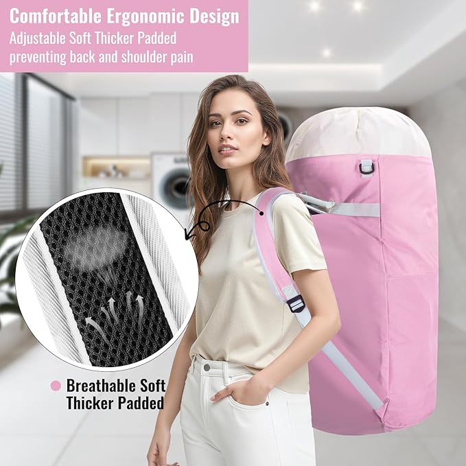 Laundry Bag Backpack, 125L Extra Large Travel with Shoulder Straps, Adjustable & Extendable Design, Laundry Hamper Bag with 3 Pockets for Laundromat, College, Travel, Camping (Pink)