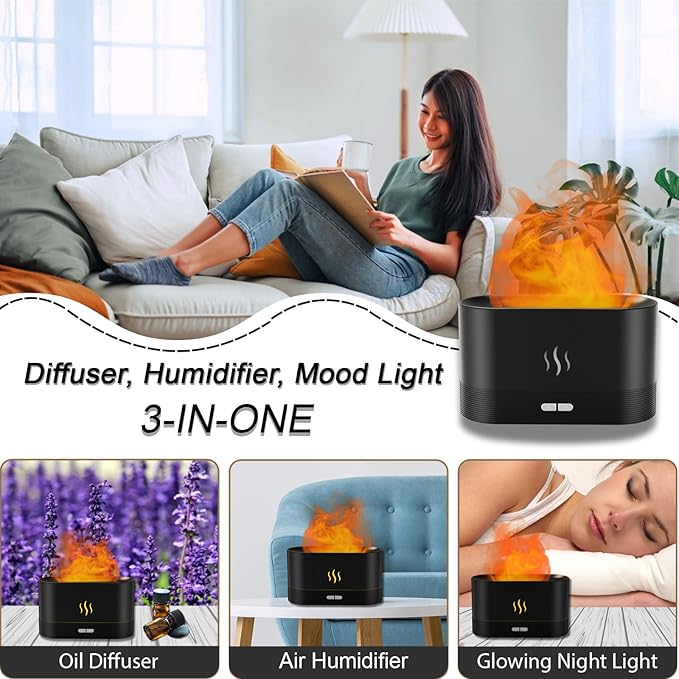 Essential Oil Diffuser, Flame Air Humidifier with Fire Led Light - 2 Rightness, 180mL Capacity (8 Hours), Auto-Off Protection Air Diffuser for Home Bedroom Office Gifts(Black)