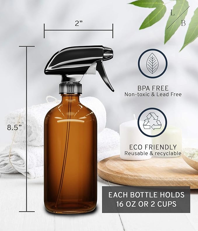 LiBa Amber Glass Spray Bottles 2 Pack, 16 oz Refillable Empty Spray Bottle for Cleaning, Essential Oils, Hair, Plants, Adjustable Nozzle for Squirt and Mist, Bleach/Vinegar/Rubbing Alcohol Safe