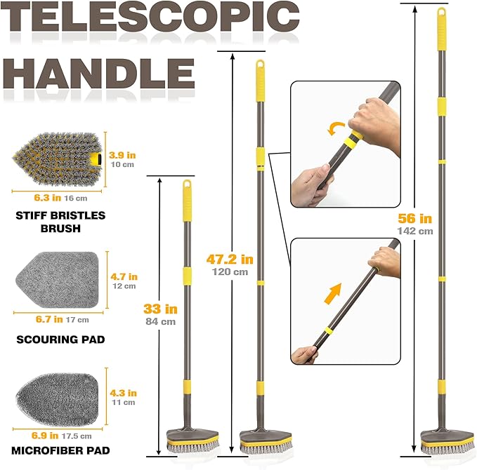 NEWE Shower Cleaner Brush, Tub Tile Scrubber with Telescopic Long Handle 56 inches, 4 Scrub Heads for Cleaning Bathroom Bathtub Floor Baseboard Sink Kitchen Toilet (Brown Yellow)