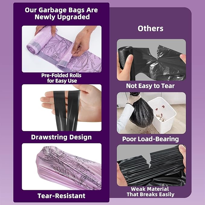 13 Gallon Trash Bags Drawstring, 50 Count Tall Kitchen Trash Bags, Sturdy Large Trash Bags, Lavender Printed Garbage Bags 13 Gallon Tall Kitchen, Tear Resistant Garbage Bags for Kitchen, Bathroom