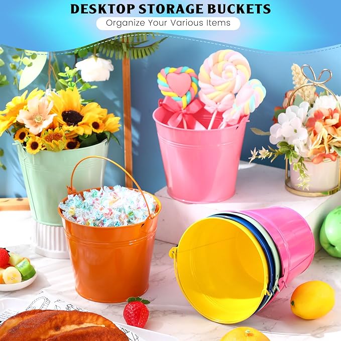 Bokon 24 Pack Colored Metal Small Bucket with Handle 6 x 4.3 x 5 Inch Galvanized Bucket Pail Bulk for Ice Tin Can Classroom Crafts Party Favor Decoration Table Centerpieces Christmas Wedding Birthday
