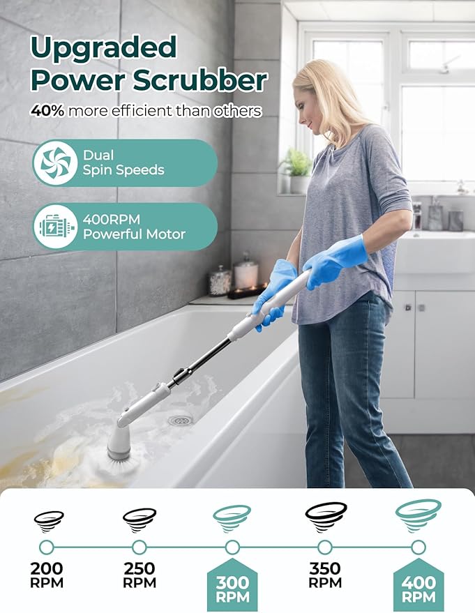 Sweepulire Electric Spin Scrubber SW1, Shower Scrubber with Long Handle, 2 Spin Speeds, Electric Bathroom Scrubber with 8 Replacement Heads, Bath Tub Cleaner Brush for Floor, Tub, Shower, Tile