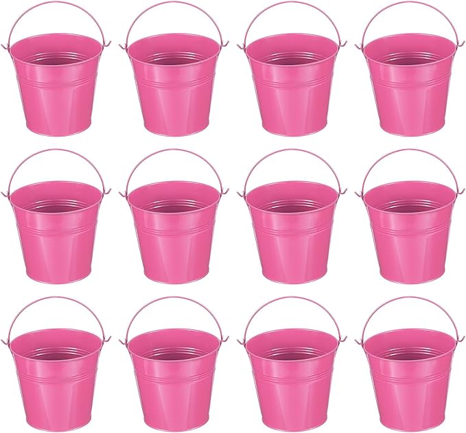 PATIKIL 5"x4.7" Small Metal Buckets with Handle, 12 Pcs Mini Bucket Easter Buckets, Rose Red