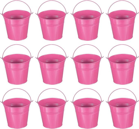 PATIKIL 5"x4.7" Small Metal Buckets with Handle, 12 Pcs Mini Bucket Easter Buckets, Rose Red