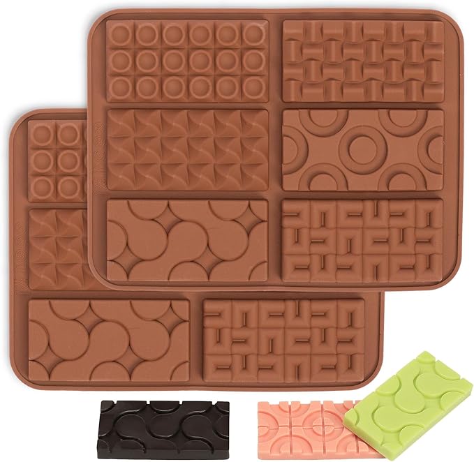 Chocolate Bar Mold Silicone with 6 Pattern, 2 Pcs 0.3-Inch-Deep Break-Apart Chocolate Molds for Homemade Protein and Energy Bar, Small Silicone Molds for Wax Melts/Candle/Resin, Waffle Shape
